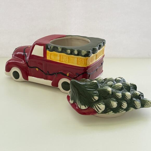 Christmas Red Pickup Truck With Christmas Tree In Back Cookie Jar New 10x8x6 - Picture 6 of 10